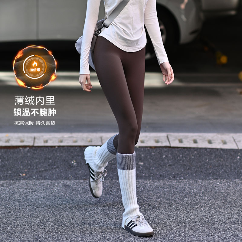 Beemen薄绒无尴尬线瑜伽裤女秋冬 加薄绒高腰提臀 3D 蜜桃臀紧身长裤 外穿健身裤