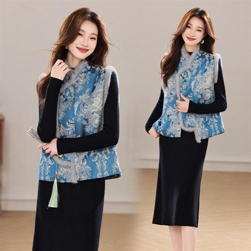 加棉小立领新中式提花拼接，真毛盘扣款马甲洋气两件套裙HR-YBER623 商品图3