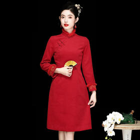 中国风复古毛呢红色改良旗袍连衣裙礼服OY230580