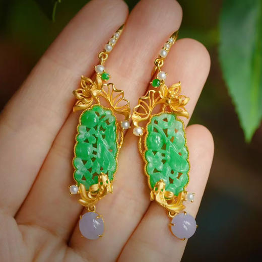 龢盒原创 荷塘锦鲤18k金镶老翡翠耳坠 商品图3