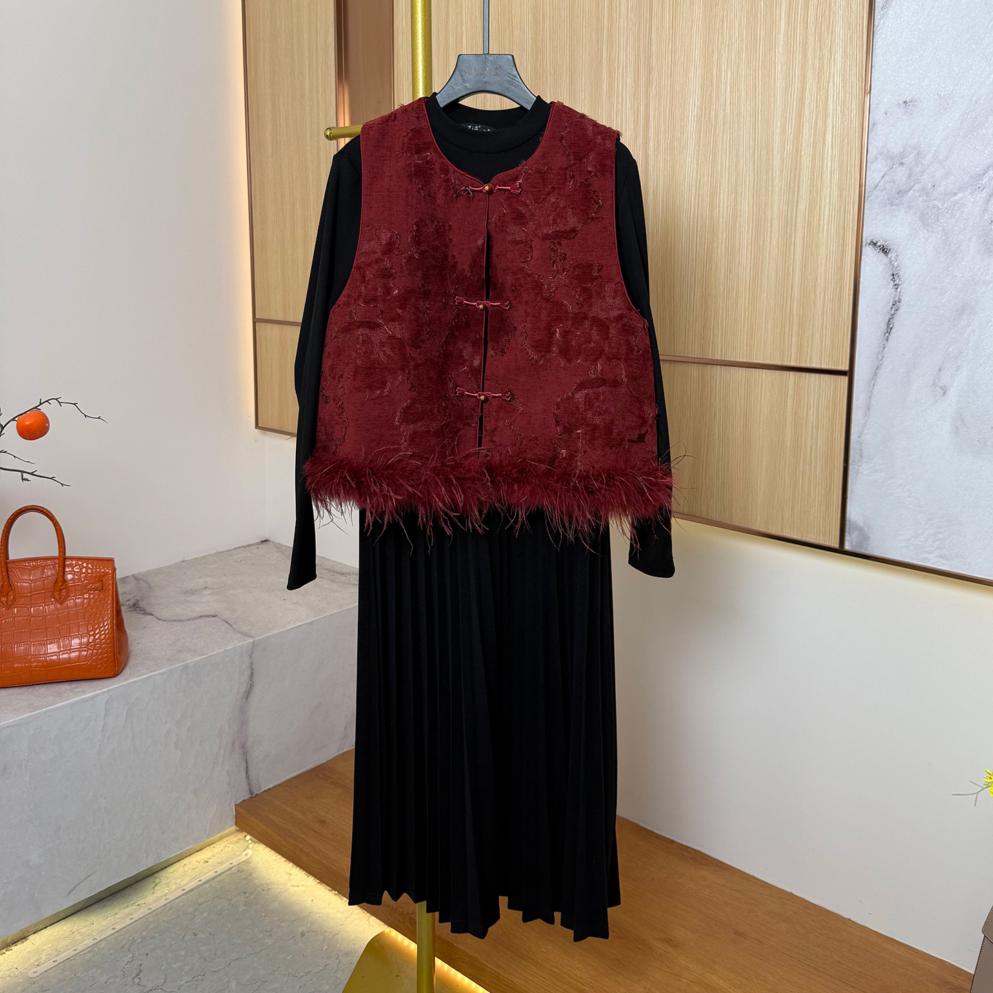 奢姿大码女装2025冬季时尚毛边设计马甲三件套胖妹妹气质国风套装9954991099AB