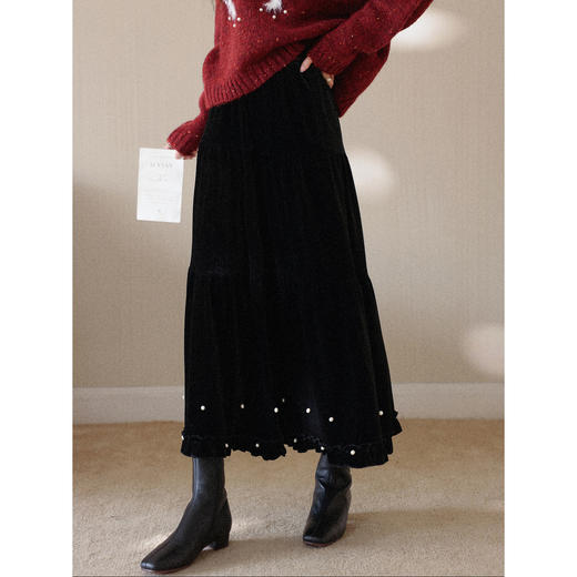 鹿向南「夜幕星光」加厚黑色半身裙女秋冬设计感高级显瘦长款裙子 商品图0