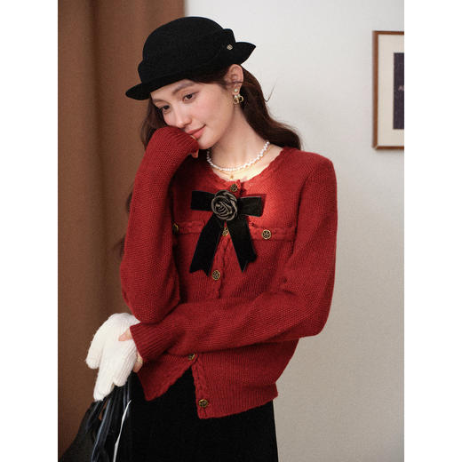 鹿向南「夕阳谜语」红色长袖毛衣秋冬新款修身圣诞百搭开衫毛衣女 商品图4