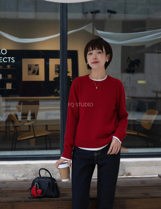 好运红气养人氛纯正红羊毛羊绒圆领高领毛衫 商品图1