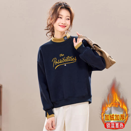 假两件半高领加绒厚款卫衣，慵懒风字母无帽短款休闲打底上衣CC-J-7059 商品图1