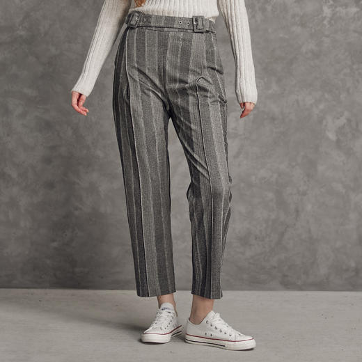 famecoco范可儿灰色竖条纹西裤女垂感秋季文艺收腰直筒裤长裤通勤F185GA003 商品图1