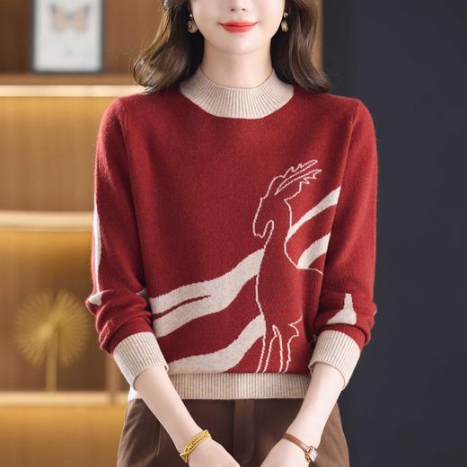 保暖半高领针织衫，撞色印花毛衣妈妈装宽松显瘦打底上衣CC-103-C8116 商品图1