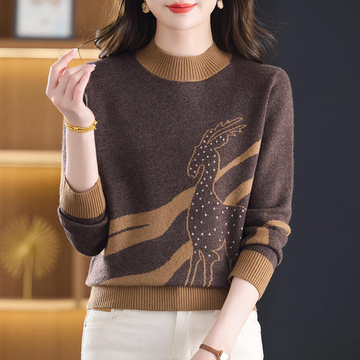 保暖半高领针织衫，撞色印花毛衣妈妈装宽松显瘦打底上衣CC-103-C8116 商品图3