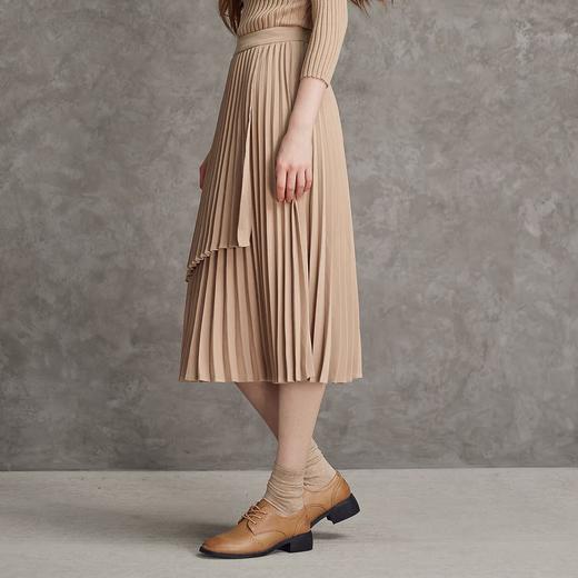 famecoco范可儿不对称百褶半身裙春秋季卡其色裙子女a字遮肚显瘦F185HA003 商品图2