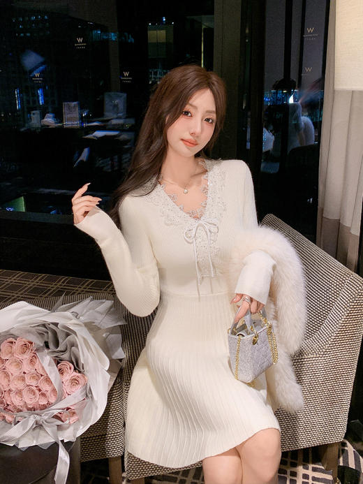 张心子【罗曼蒂克】蕾丝针织连衣裙优雅内搭打底裙子 U2512032 商品图4