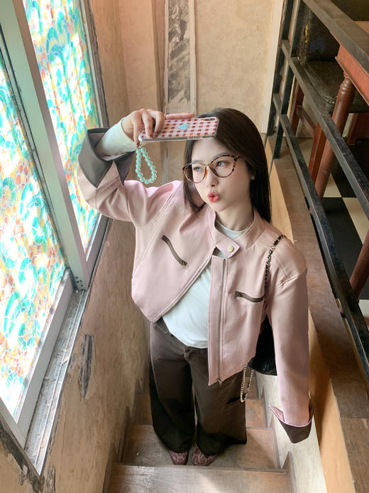 <曾小咸推荐> 现货秒杀！微信超特价！美式复古粉色pu皮衣外套 日常299.99 立减150 秒杀149.99！ 商品图13