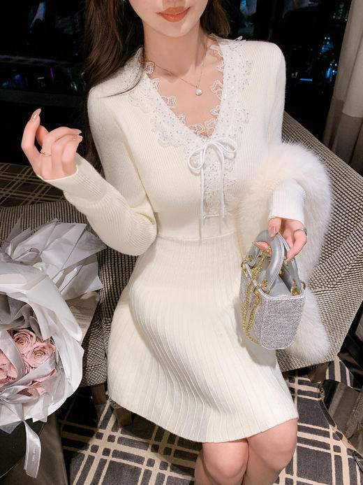 张心子【罗曼蒂克】蕾丝针织连衣裙优雅内搭打底裙子 U2512032 商品图5
