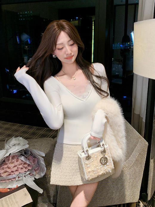 张心子【简法日常】扎染网纱加绒保暖精致打底衫上衣 U2512030 商品图1