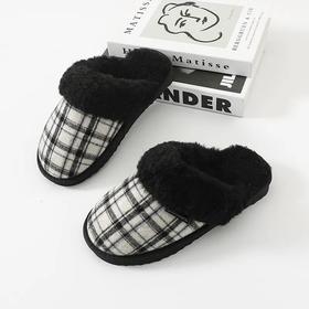 情侣时尚黑白格保暖羊毛混纺毛绒拖鞋