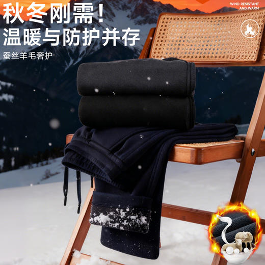 红览 【羊毛蚕丝】冬季加绒加厚卫裤男防风保暖裤K103 商品图3