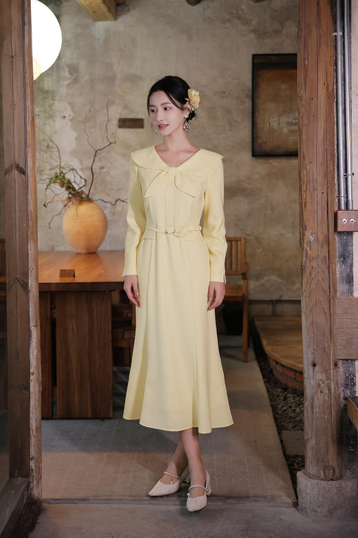 逸红颜明月优选#温婉新中式古董裙「瓷梦」淑女灵动蝴蝶结领，收腰显瘦微鱼尾 商品图7