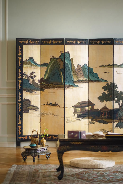 独角鹿西洋古董 20世纪中国出品传统山水亭台主题金地款彩雕漆双面六曲屏风 商品图1