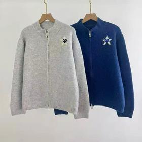 D120847韩系慵懒风立领半高领设计立体星星刺绣针织拉链开衫