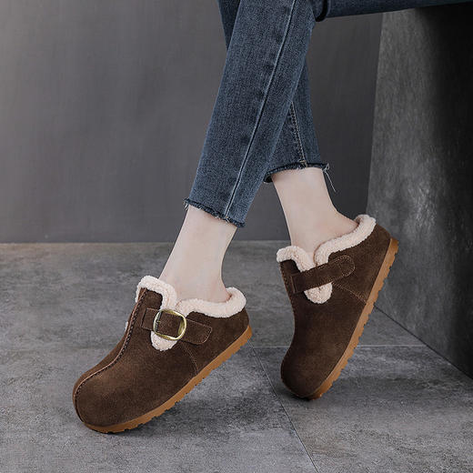 YR 2970磨砂牛皮加绒勃肯毛毛鞋厚底外穿包头半拖保暖棉鞋 商品图4