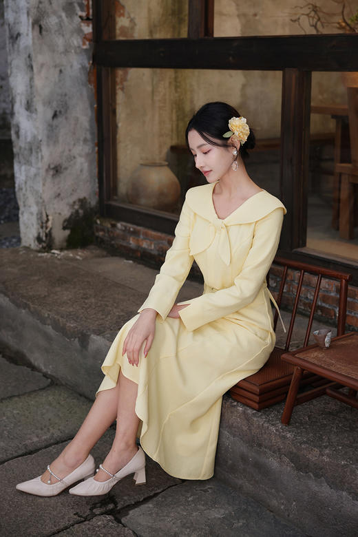 逸红颜明月优选#温婉新中式古董裙「瓷梦」淑女灵动蝴蝶结领，收腰显瘦微鱼尾 商品图8
