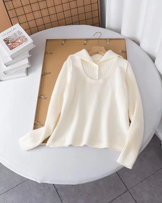 D120880罗纹翻领长袖拼接假两件设计纽扣半开襟毛衣 商品图12