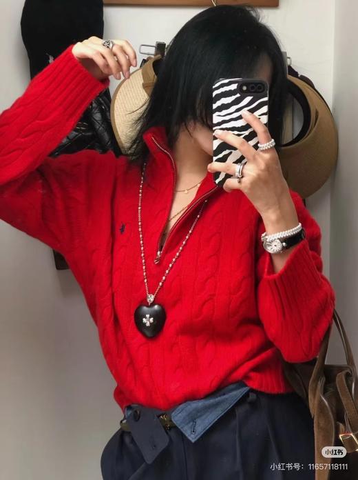 D120821新年红圣诞红复古绞花半拉链毛衣打底针织衫 商品图8