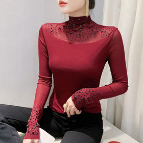 KQL A55F8803烫钻半高领打底衫洋气独特T恤上衣