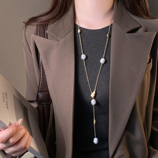 雀说 不规则珍珠串珠金色豆豆项链女气质高档高级感毛衣链XL7083 商品图2