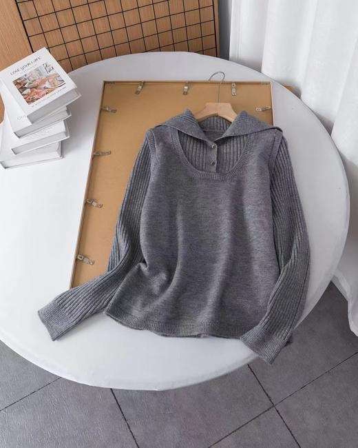 D120880罗纹翻领长袖拼接假两件设计纽扣半开襟毛衣 商品图11