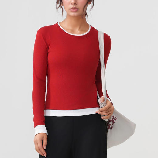 跃牌【美西西系列】天丝圆领撞色无缝一体 假两件修身运动长袖T恤健身瑜伽服CX-926 商品图2