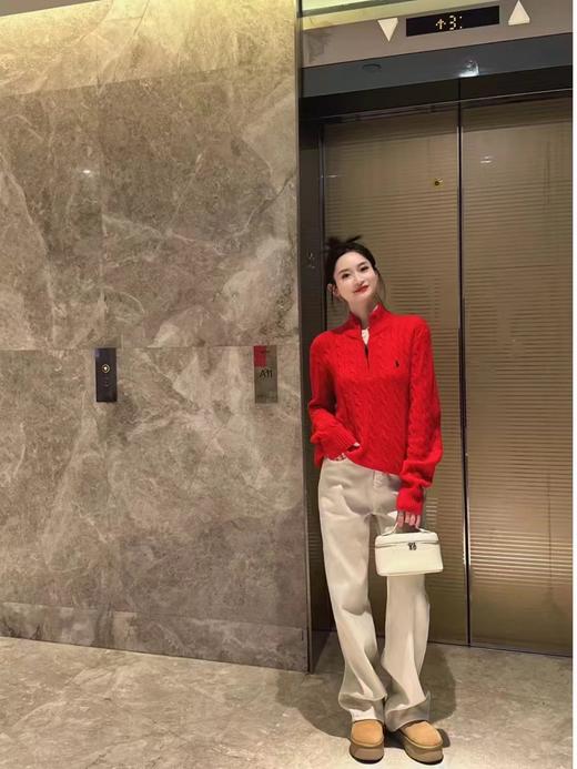 D120821新年红圣诞红复古绞花半拉链毛衣打底针织衫 商品图14