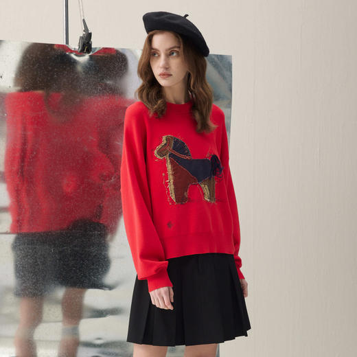 谜底套头毛衫长袖2026年春季新品小马贴布绣艺术趣味女261MZ0331 商品图1