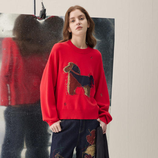 谜底套头毛衫长袖2026年春季新品小马贴布绣艺术趣味女261MZ0331 商品图0