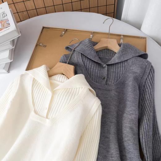 D120880罗纹翻领长袖拼接假两件设计纽扣半开襟毛衣 商品图1