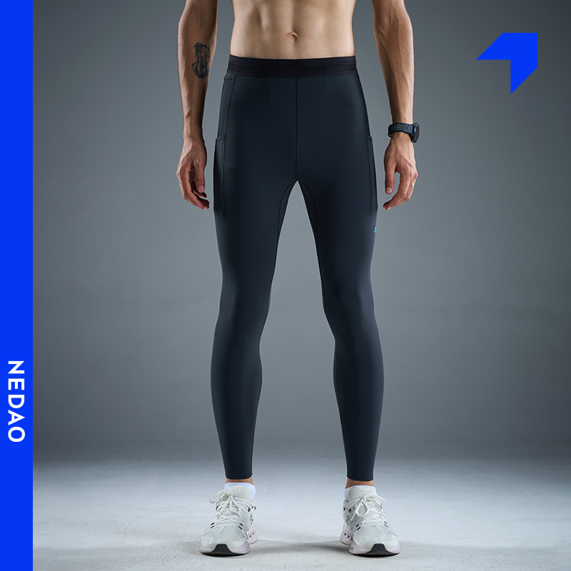 内道新品灵动力拉毛收纳紧身长裤男士带腰包弹力保暖跑步运动长裤