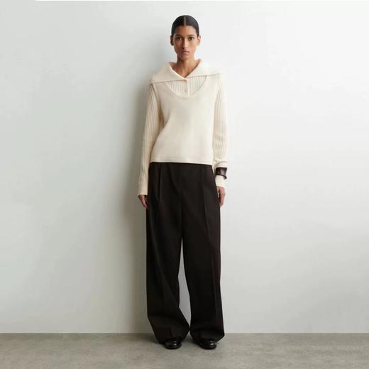 D120880罗纹翻领长袖拼接假两件设计纽扣半开襟毛衣 商品图4