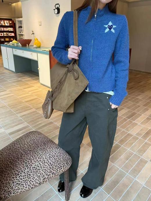 D120847韩系慵懒风立领半高领设计立体星星刺绣针织拉链开衫 商品图2