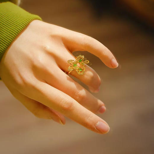 龢盒原创 银镶冰绿翡翠蝴蝶耳钉戒指 商品图5