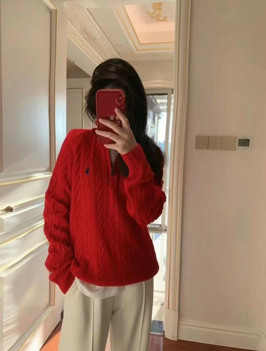 D120821新年红圣诞红复古绞花半拉链毛衣打底针织衫 商品图12