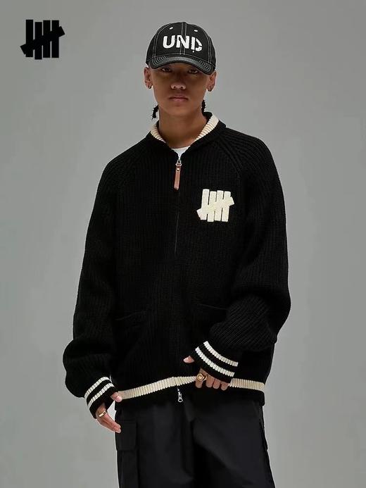 D120802五条杠撞色Logo条纹运动复古元宝针翻领针织衫拉链外套 商品图11