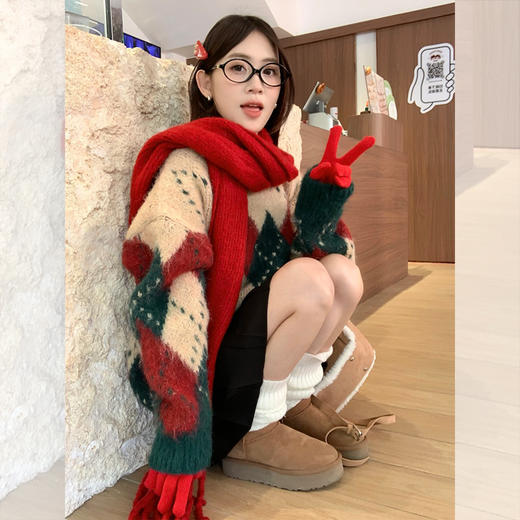 西遇费尔岛毛衣女2025年冬季新款菱形格慵懒圆领套头针织衫SS060002 商品图2