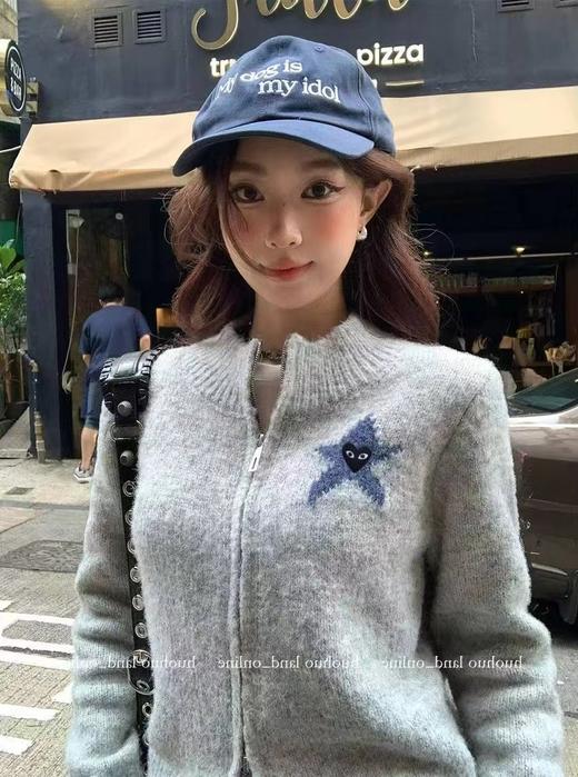 D120847韩系慵懒风立领半高领设计立体星星刺绣针织拉链开衫 商品图5