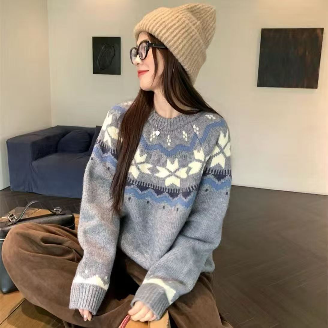 【YW】无忧购“礼物季”复古圣诞氛围感费尔岛提花毛衣女长袖套头针织上衣8336（截单后3-5天发货）