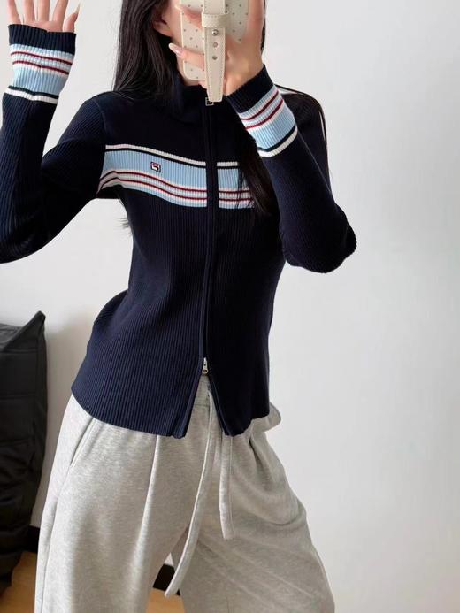 D120858冬季新款女子修身拼色拉链开衫外套编织衫毛衣 商品图8