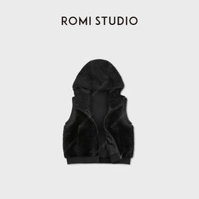 ROMI STUDIO“南非黑珍珠”进口羊毛皮无袖连帽皮草马甲 RWCAWT5964