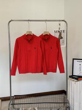 D120821新年红圣诞红复古绞花半拉链毛衣打底针织衫