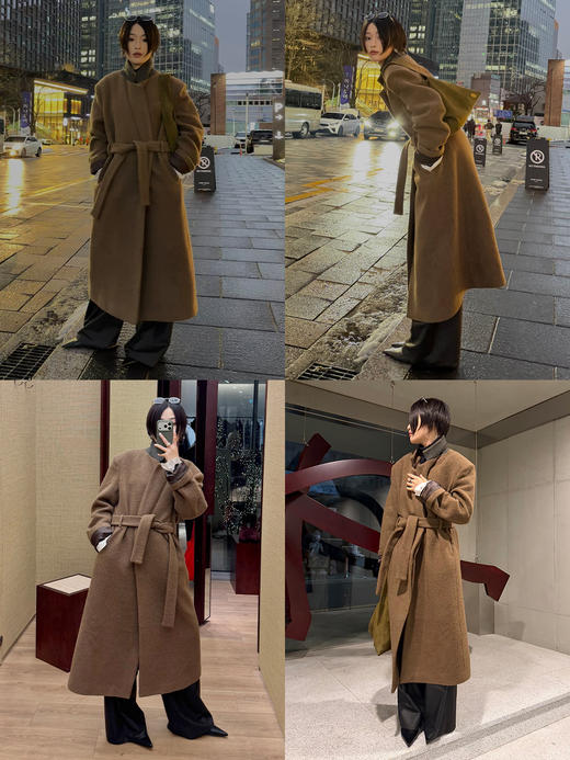 HIDEMI 大秀款进口羊驼毛宽肩腰带加厚长毛长款西装毛呢外套大衣 烟草卡其 商品图1