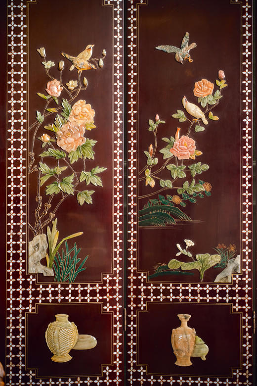 【已售】独角鹿西洋古董中国出品「富贵花鸟」主题百宝嵌装饰螺钿漆木四曲古董屏风 商品图5