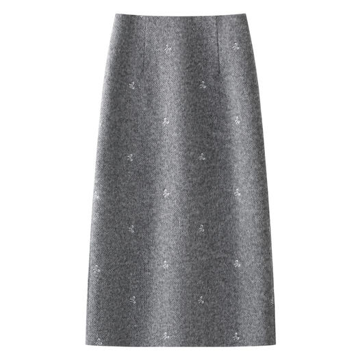 丁摩 黑色刺绣毛呢直筒半身裙女秋季新款高腰显瘦中长款开叉一步裙5ZF-28706 商品图1