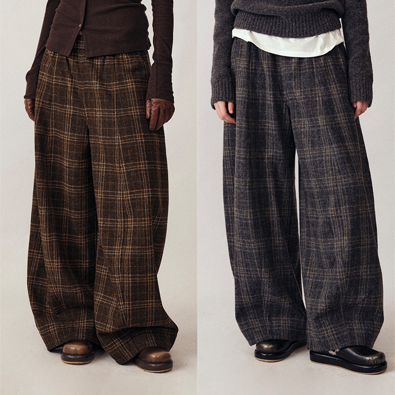 UMILAB｜暗格*羊毛混纺抗皱有型 松紧腰格纹茧型藏肉毛呢裤P1315W